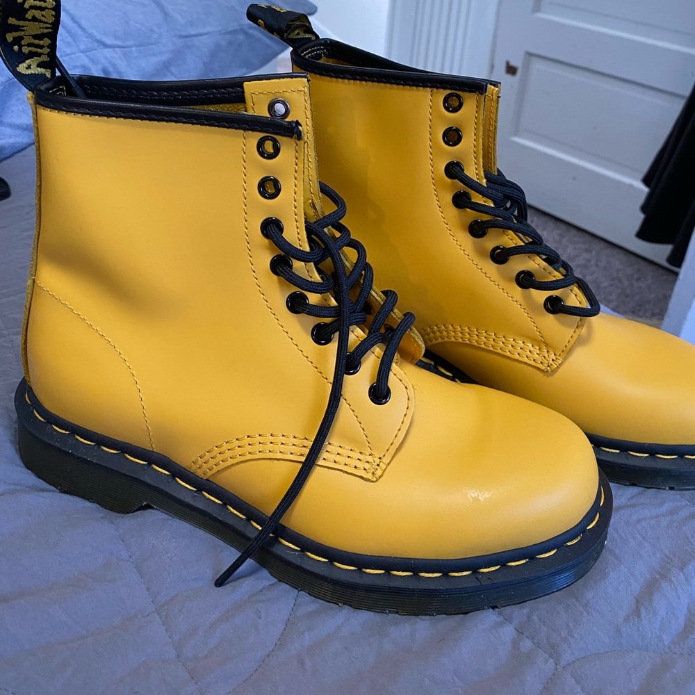 doc marten gold high tops with bouncing soles size 9 women / size 7 men